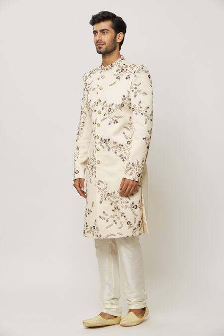 Shop Arihant Rai Sinha Cream Silk, Chanderi Embroidery Floral Sherwani Set Online at Aza Fashions Shop_Arihant Rai Sinha_Cream Silk, Chanderi Embroidery Floral Sherwani Set _Online_at_Aza_Fashions