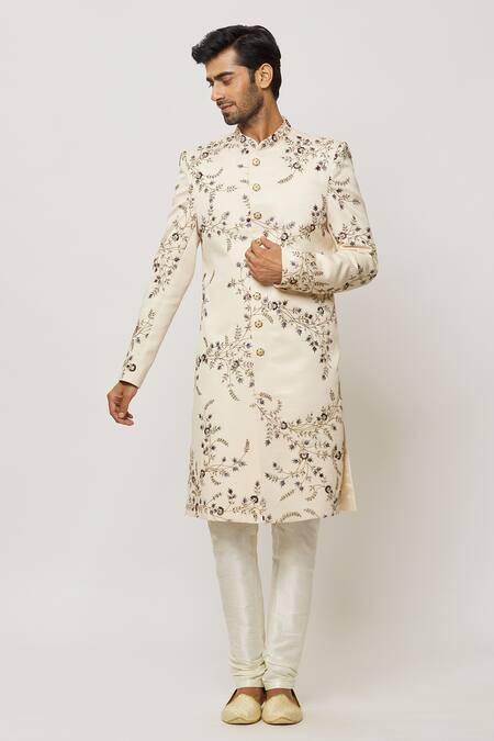 Arihant Rai Sinha Cream Silk, Chanderi Embroidery Floral Sherwani Set at Aza Fashions Arihant Rai Sinha_Cream Silk, Chanderi Embroidery Floral Sherwani Set _at_Aza_Fashions
