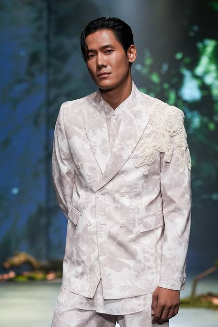 Buy_Varun Bahl_Beige Georgette Sequins, Embroidery Floral Print Jacket Trouser Set 