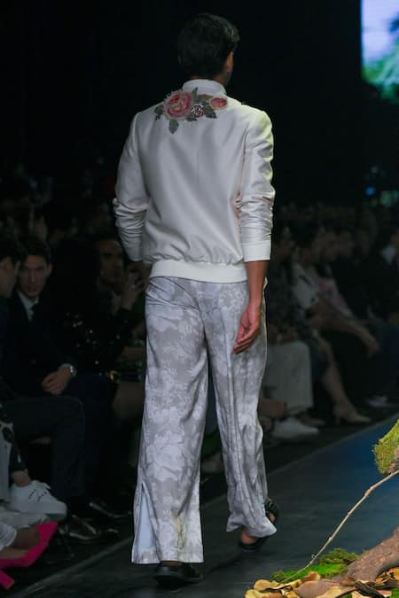 Shop_Varun Bahl_Ivory Chanderi, Georgette Embroidery Floral Work Bomber Jacket And Trouser Set _at_Aza_Fashions