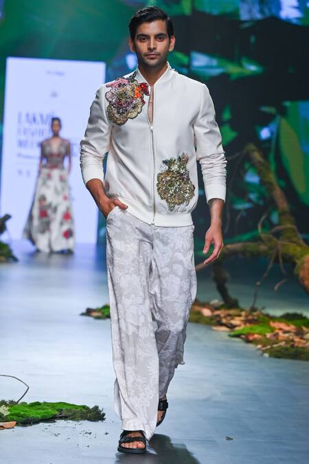 Varun Bahl_Ivory Chanderi, Georgette Embroidery Floral Work Bomber Jacket And Trouser Set _Online_at_Aza_Fashions