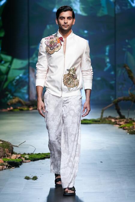 Buy Varun Bahl Ivory Chanderi, Georgette Embroidery Floral Work Bomber Jacket And Trouser Set Online at Aza Fashions Buy_Varun Bahl_Ivory Chanderi, Georgette Embroidery Floral Work Bomber Jacket And Trouser Set _Online_at_Aza_Fashions