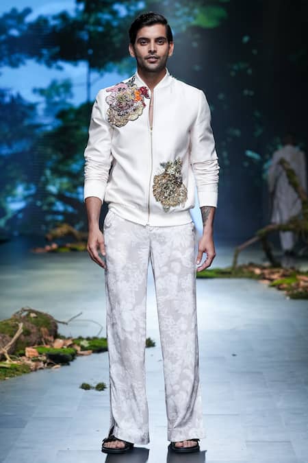 Shop Varun Bahl Ivory Chanderi, Georgette Embroidery Floral Work Bomber Jacket And Trouser Set Online at Aza Fashions Shop_Varun Bahl_Ivory Chanderi, Georgette Embroidery Floral Work Bomber Jacket And Trouser Set _Online_at_Aza_Fashions