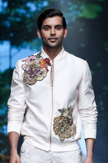 Varun Bahl Ivory Chanderi, Georgette Embroidery Floral Work Bomber Jacket And Trouser Set at Aza Fashions Varun Bahl_Ivory Chanderi, Georgette Embroidery Floral Work Bomber Jacket And Trouser Set _at_Aza_Fashions