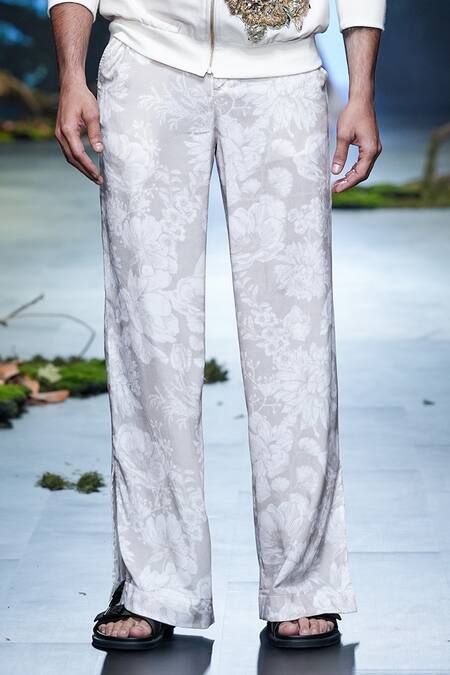 Buy Varun Bahl Ivory Chanderi, Georgette Embroidery Floral Work Bomber Jacket And Trouser Set Buy_Varun Bahl_Ivory Chanderi, Georgette Embroidery Floral Work Bomber Jacket And Trouser Set