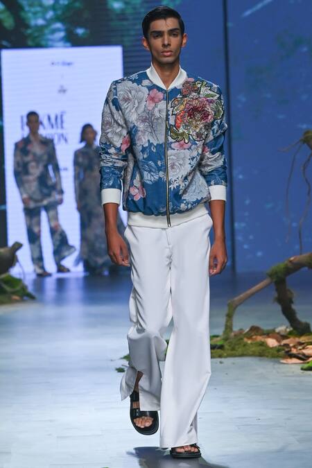 Varun Bahl_Blue Velvet, Terrycloth Embroidery Floral Print Bomber Jacket And Trouser Set _Online_at_Aza_Fashions