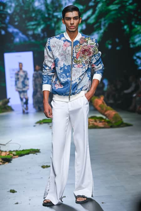 Buy_Varun Bahl_Blue Velvet, Terrycloth Embroidery Floral Print Bomber Jacket And Trouser Set _Online_at_Aza_Fashions