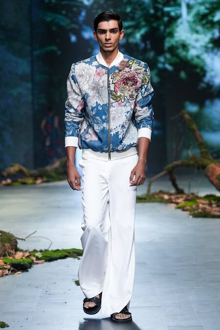 Varun Bahl_Blue Velvet, Terrycloth Embroidery Floral Print Bomber Jacket And Trouser Set _at_Aza_Fashions