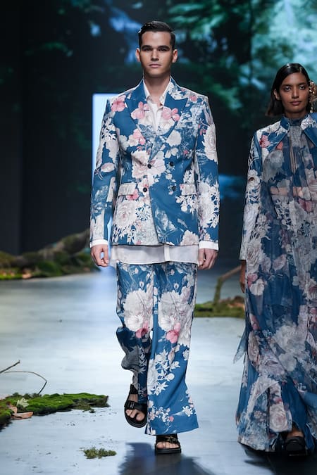 Varun Bahl Blue Suiting Printed Floral Pattern Jacket Trouser Set 