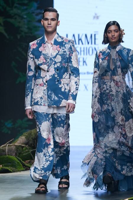 Varun Bahl_Blue Suede, Cotton Embroidery Floral Pattern Jacket Trouser Set _Online_at_Aza_Fashions