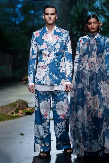 Buy_Varun Bahl_Blue Suede, Cotton Embroidery Floral Pattern Jacket Trouser Set _Online_at_Aza_Fashions