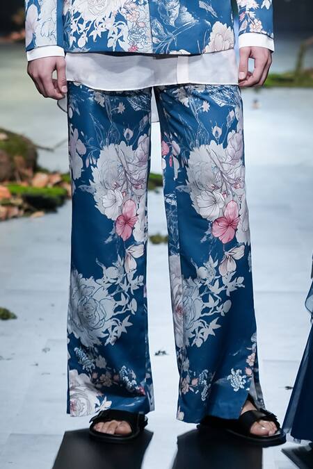 Buy_Varun Bahl_Blue Suede, Cotton Embroidery Floral Pattern Jacket Trouser Set 