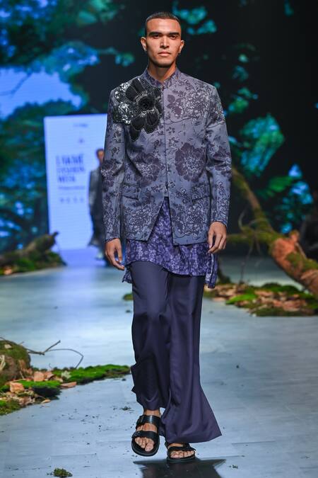 Varun Bahl_Purple Terrycloth, Rayon Embroidery Floral Print Bandhgala Trouser Set _Online_at_Aza_Fashions