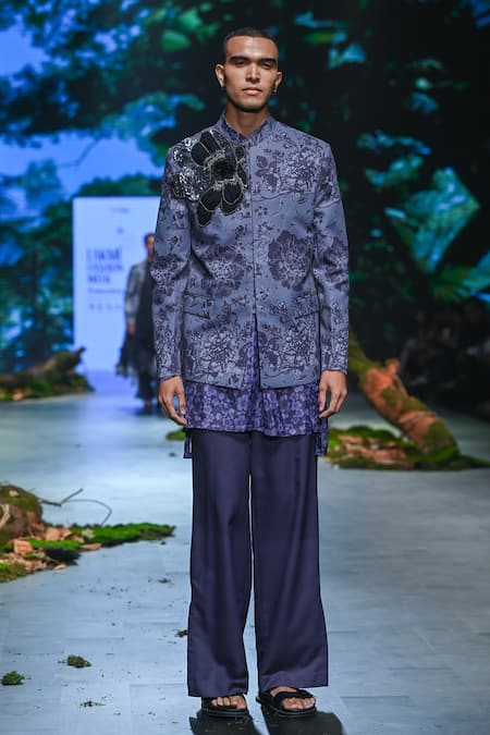 Buy_Varun Bahl_Purple Terrycloth, Rayon Embroidery Floral Print Bandhgala Trouser Set _Online_at_Aza_Fashions