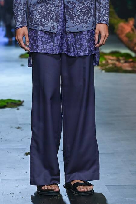 Shop_Varun Bahl_Purple Terrycloth, Rayon Embroidery Floral Print Bandhgala Trouser Set _Online_at_Aza_Fashions