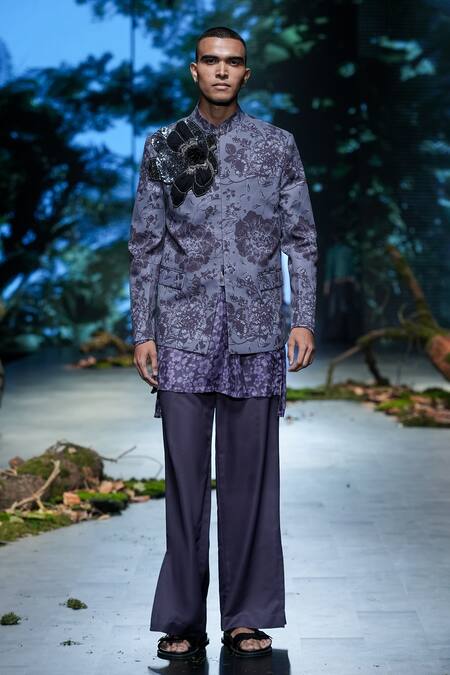 Varun Bahl_Purple Terrycloth, Rayon Embroidery Floral Print Bandhgala Trouser Set _at_Aza_Fashions