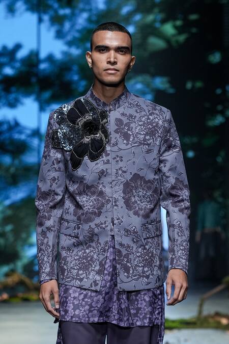 Buy_Varun Bahl_Purple Terrycloth, Rayon Embroidery Floral Print Bandhgala Trouser Set 