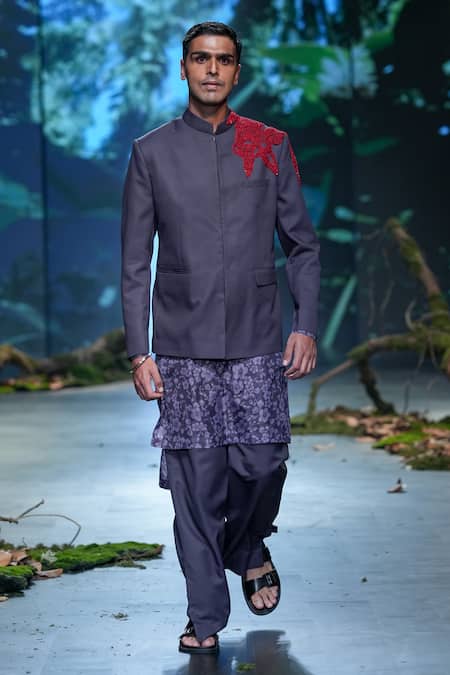 Shop_Varun Bahl_Black Polyester, Organza Cut Work, Embroidery Patch Bandhgala Trouser Set _at_Aza_Fashions