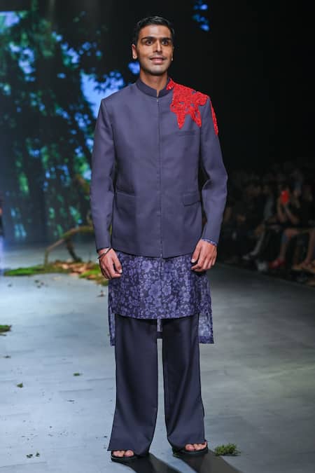 Varun Bahl_Black Polyester, Organza Cut Work, Embroidery Patch Bandhgala Trouser Set _Online_at_Aza_Fashions