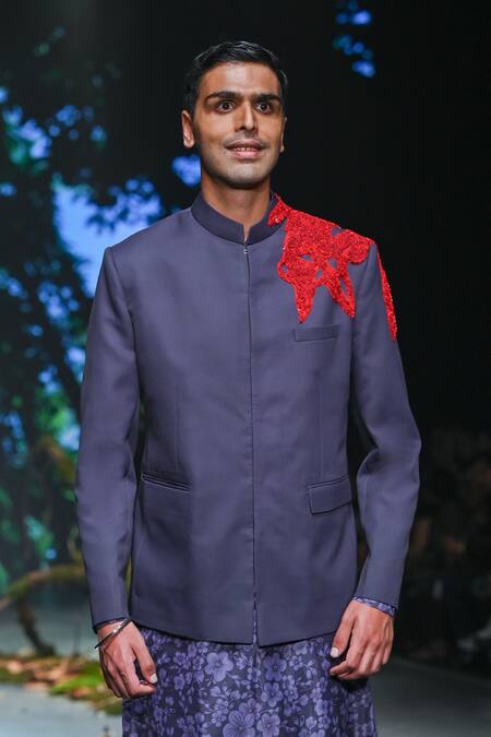 Buy_Varun Bahl_Black Polyester, Organza Cut Work, Embroidery Patch Bandhgala Trouser Set _Online_at_Aza_Fashions