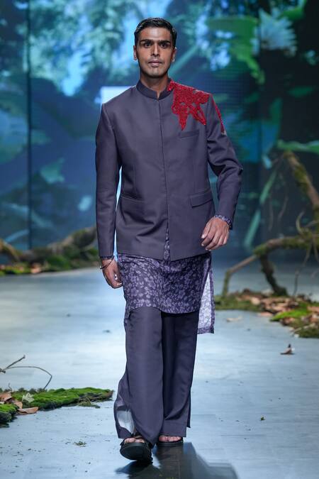 Varun Bahl_Black Polyester, Organza Cut Work, Embroidery Patch Bandhgala Trouser Set _at_Aza_Fashions