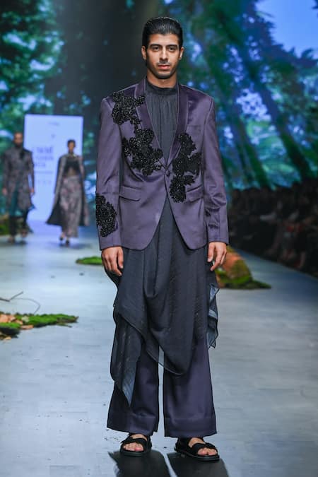 Shop_Varun Bahl_Black Velvet, Polyester Embroidery Hand Jacket Trouser Set _at_Aza_Fashions