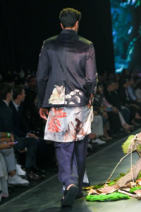 Shop_Varun Bahl_Black Velvet, Silk Embroidery, Cut Work Floral Print Bandhgala Trouser Set _at_Aza_Fashions