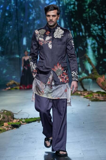 Varun Bahl Black Velvet, Silk Embroidery, Cut Work Floral Print Bandhgala Trouser Set Online at Aza Fashions Varun Bahl_Black Velvet, Silk Embroidery, Cut Work Floral Print Bandhgala Trouser Set _Online_at_Aza_Fashions