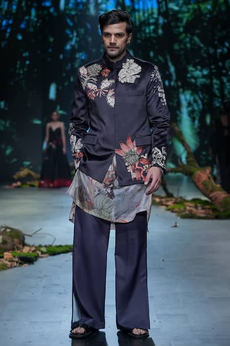 Buy Varun Bahl Black Velvet, Silk Embroidery, Cut Work Floral Print Bandhgala Trouser Set Online at Aza Fashions Buy_Varun Bahl_Black Velvet, Silk Embroidery, Cut Work Floral Print Bandhgala Trouser Set _Online_at_Aza_Fashions