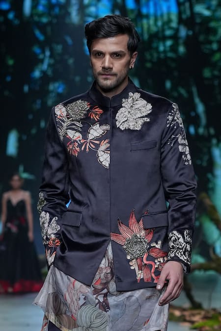Shop Varun Bahl Black Velvet, Silk Embroidery, Cut Work Floral Print Bandhgala Trouser Set Online at Aza Fashions Shop_Varun Bahl_Black Velvet, Silk Embroidery, Cut Work Floral Print Bandhgala Trouser Set _Online_at_Aza_Fashions