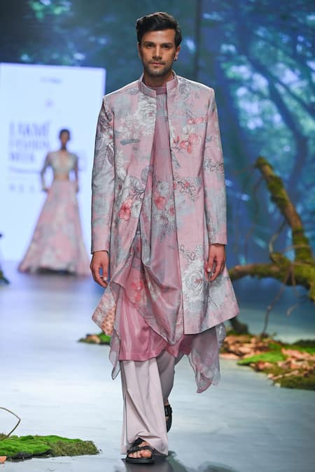 Varun Bahl_Pink Velvet, Polyester, Terrycloth Embroidery Floral Print Sherwani Trouser Set _Online_at_Aza_Fashions