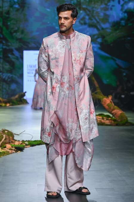Buy_Varun Bahl_Pink Velvet, Polyester, Terrycloth Embroidery Floral Print Sherwani Trouser Set _Online_at_Aza_Fashions
