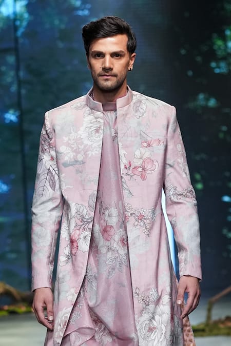 Varun Bahl Pink Velvet, Polyester, Terrycloth Embroidery Floral Print Sherwani Trouser Set at Aza Fashions Varun Bahl_Pink Velvet, Polyester, Terrycloth Embroidery Floral Print Sherwani Trouser Set _at_Aza_Fashions