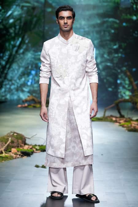 Shop Varun Bahl Ivory Polyester, Suede, Terrycloth Embroidery Floral Print Sherwani Trouser Set at Aza Fashions Shop_Varun Bahl_Ivory Polyester, Suede, Terrycloth Embroidery Floral Print Sherwani Trouser Set _at_Aza_Fashions