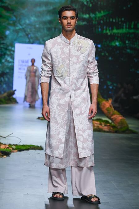 Varun Bahl_Ivory Polyester, Suede, Terrycloth Embroidery Floral Print Sherwani Trouser Set _Online_at_Aza_Fashions