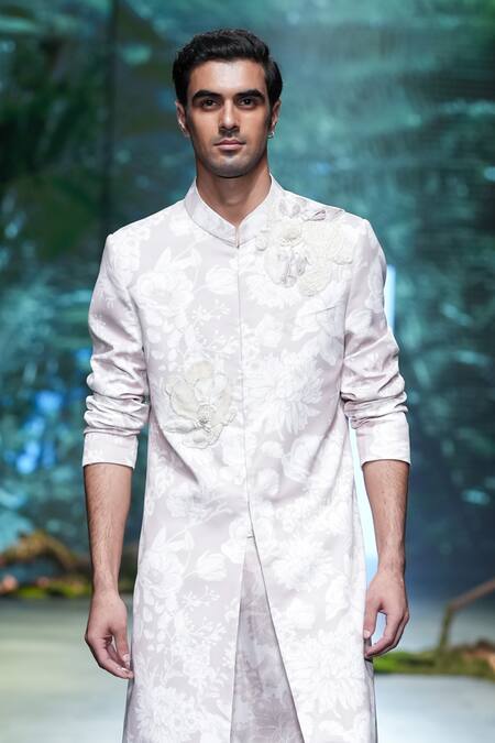 Shop Varun Bahl Ivory Polyester, Suede, Terrycloth Embroidery Floral Print Sherwani Trouser Set Online at Aza Fashions Shop_Varun Bahl_Ivory Polyester, Suede, Terrycloth Embroidery Floral Print Sherwani Trouser Set _Online_at_Aza_Fashions