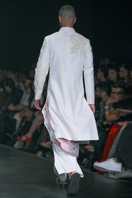 Shop_Varun Bahl_Ivory Polyester, Terrycloth Embroidery, Cut Work Hand Sherwani Trouser Set _at_Aza_Fashions