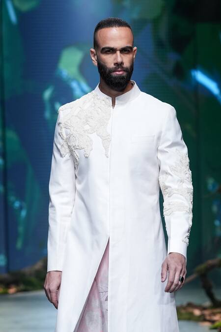 Shop Varun Bahl Ivory Polyester, Terrycloth Embroidery, Cut Work Hand Sherwani Trouser Set Online at Aza Fashions Shop_Varun Bahl_Ivory Polyester, Terrycloth Embroidery, Cut Work Hand Sherwani Trouser Set _Online_at_Aza_Fashions