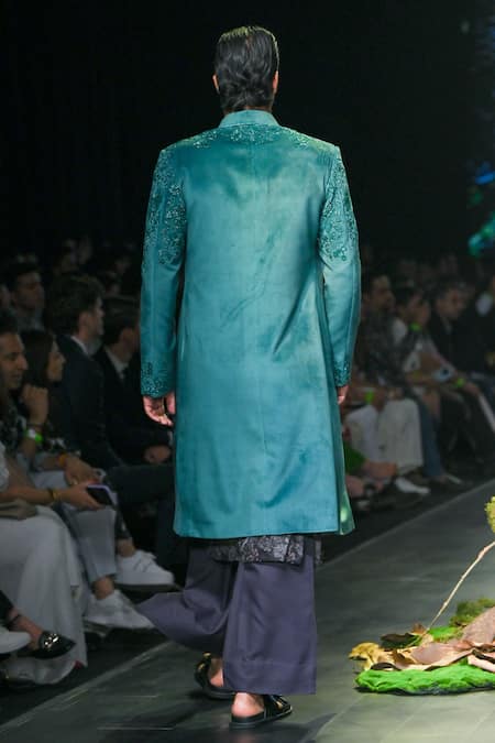 Shop_Varun Bahl_Green Velvet, Polyester, Rayon Embroidery, Cutdana Hand Sherwani Trouser Set _at_Aza_Fashions