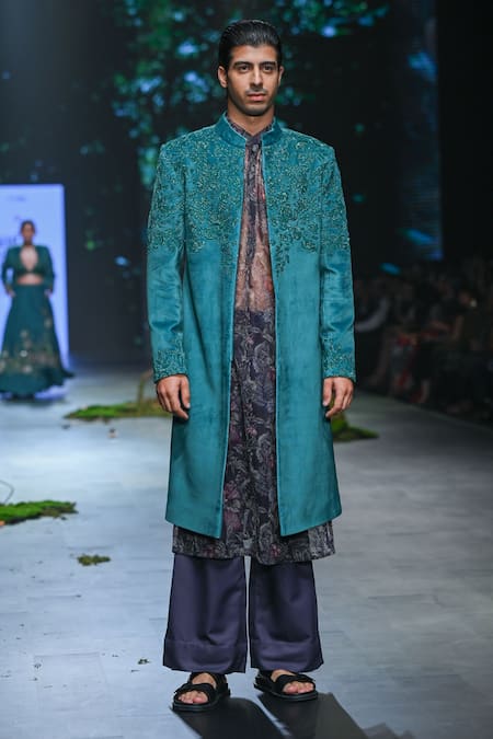 Varun Bahl_Green Velvet, Polyester, Rayon Embroidery, Cutdana Hand Sherwani Trouser Set _Online_at_Aza_Fashions