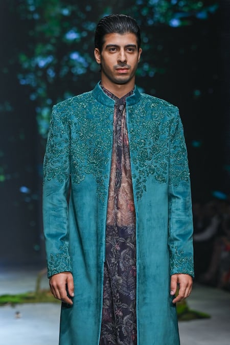 Buy Varun Bahl Green Velvet, Polyester, Rayon Embroidery, Cutdana Hand Sherwani Trouser Set Online at Aza Fashions Buy_Varun Bahl_Green Velvet, Polyester, Rayon Embroidery, Cutdana Hand Sherwani Trouser Set _Online_at_Aza_Fashions