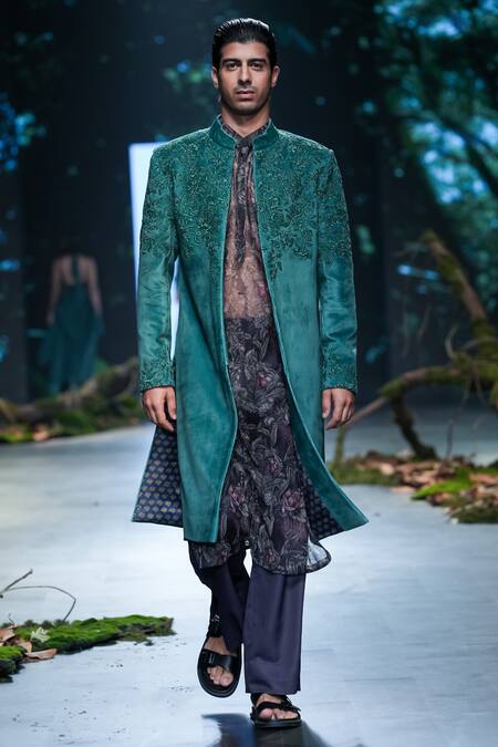 Varun Bahl Green Velvet, Polyester, Rayon Embroidery, Cutdana Hand Sherwani Trouser Set at Aza Fashions Varun Bahl_Green Velvet, Polyester, Rayon Embroidery, Cutdana Hand Sherwani Trouser Set _at_Aza_Fashions