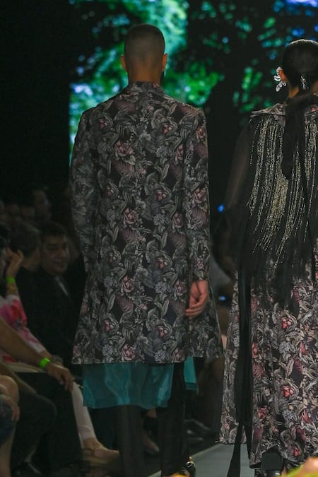 Shop_Varun Bahl_Black Polyester, Velvet Embroidery, Cut Work Floral Print Sherwani Set _at_Aza_Fashions