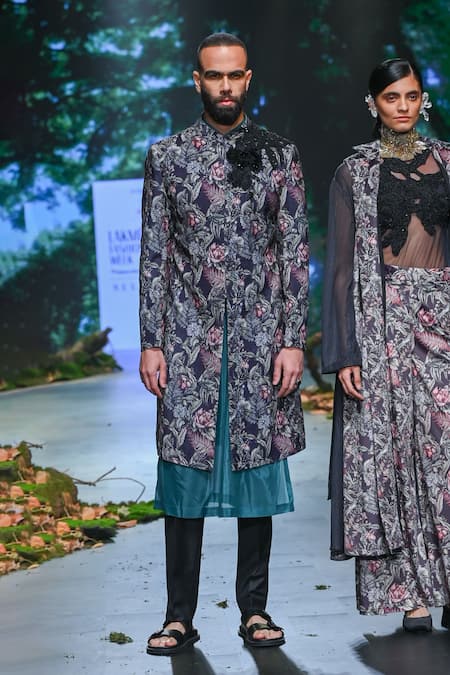 Varun Bahl_Black Polyester, Velvet Embroidery, Cut Work Floral Print Sherwani Set _Online_at_Aza_Fashions