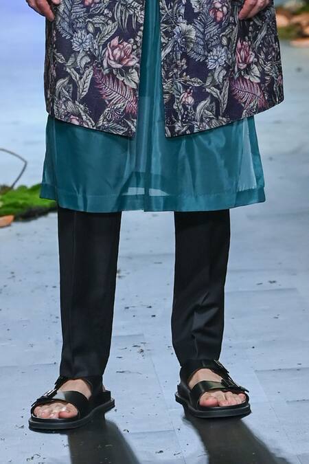 Buy_Varun Bahl_Black Polyester, Velvet Embroidery, Cut Work Floral Print Sherwani Set _Online_at_Aza_Fashions