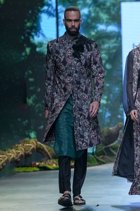 Shop_Varun Bahl_Black Polyester, Velvet Embroidery, Cut Work Floral Print Sherwani Set _Online_at_Aza_Fashions