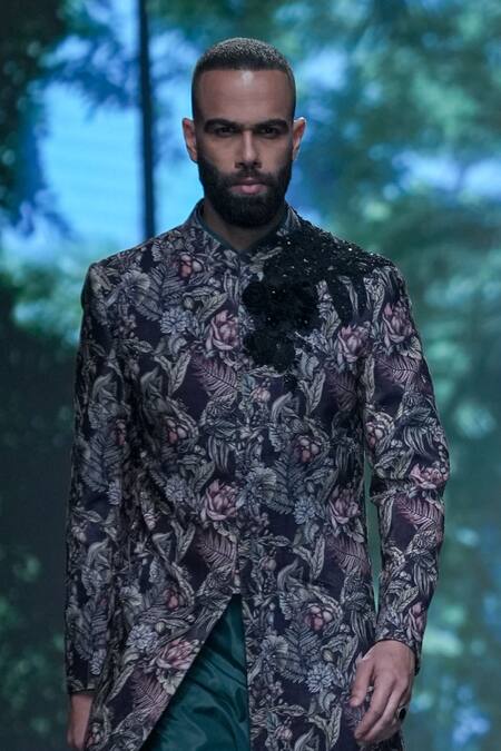 Varun Bahl_Black Polyester, Velvet Embroidery, Cut Work Floral Print Sherwani Set _at_Aza_Fashions