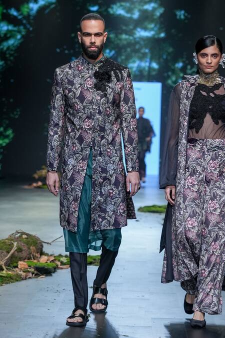 Buy_Varun Bahl_Black Polyester, Velvet Embroidery, Cut Work Floral Print Sherwani Set 