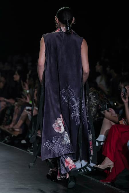 Shop_Varun Bahl_Black Velvet Print Floral Jacket Lapel Collar Pattern Trouser Set  _at_Aza_Fashions