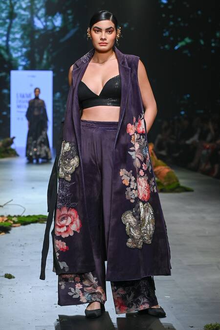 Varun Bahl_Black Velvet Print Floral Jacket Lapel Collar Pattern Trouser Set  _Online_at_Aza_Fashions